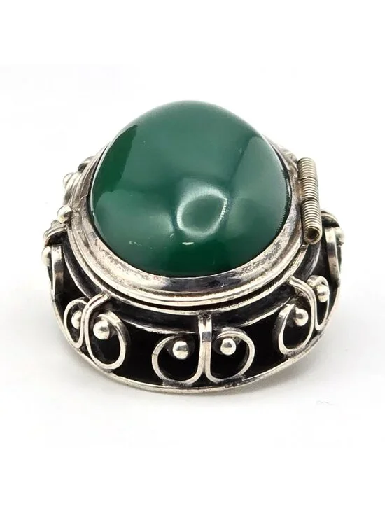 Vintage Taxco Sterling Silver Green Onyx Locket Brooch Mexico Eagle Mark 1 - Picture 5 of 13